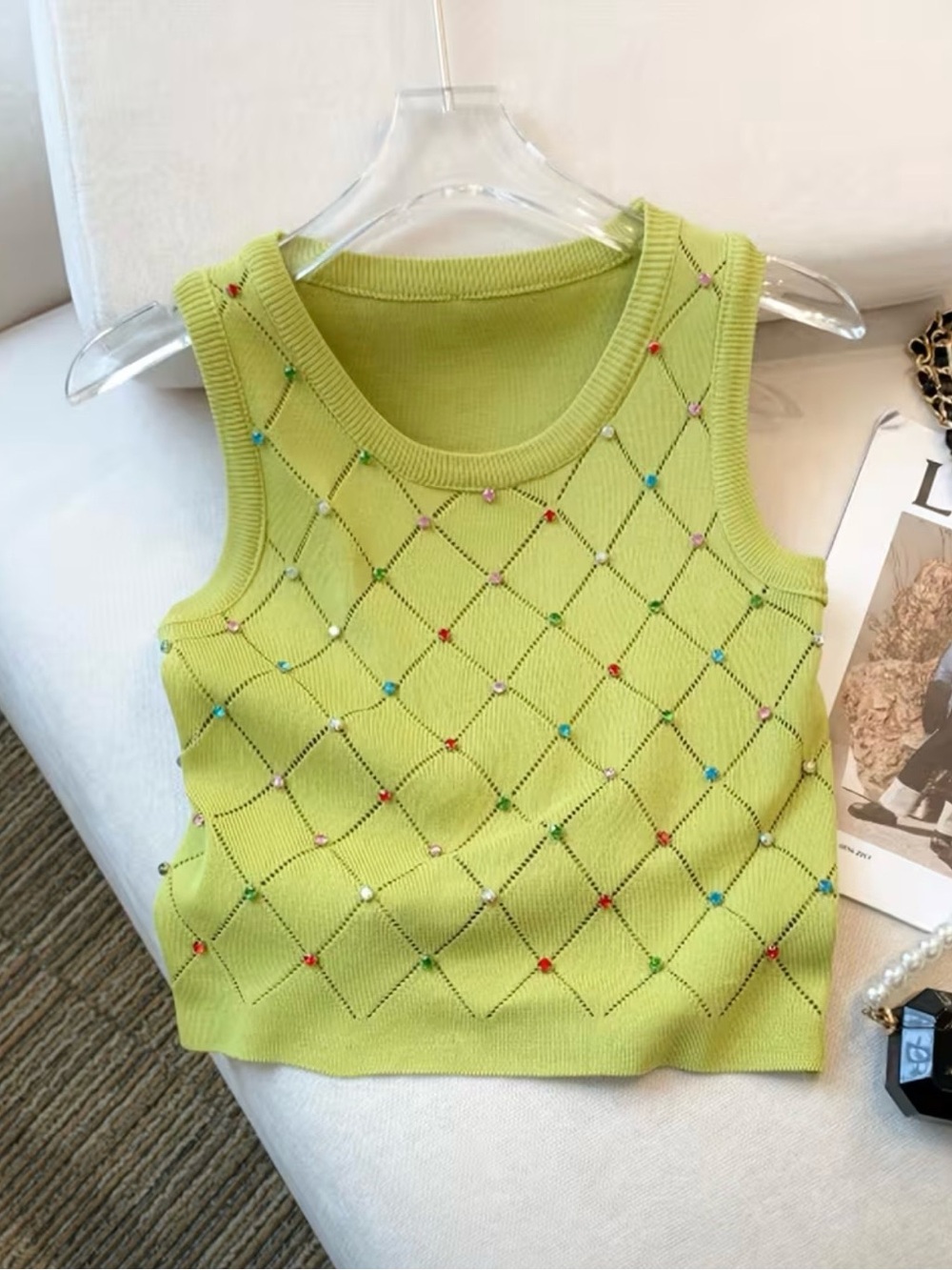 Y2K Yellow Rhinestone Argyle Knit Sweater Tank Top, Size L